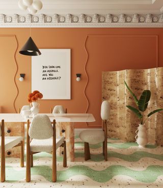 Dining room with orange walls, green and white wave patterned tiled floor, marble table and boucle chairs with flared wooden legs