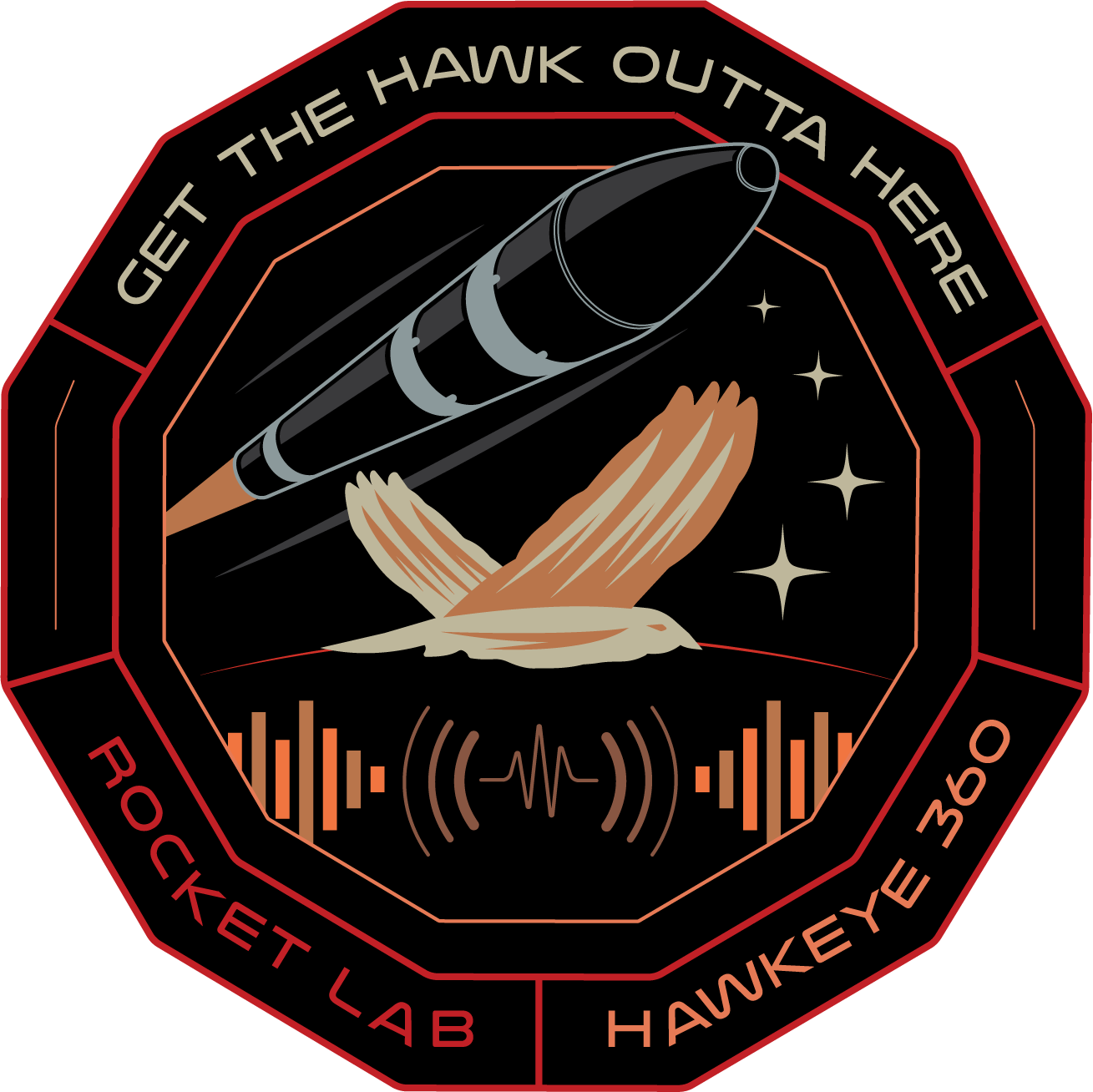 A black dodecagon shows an orange hawk and black rocket.