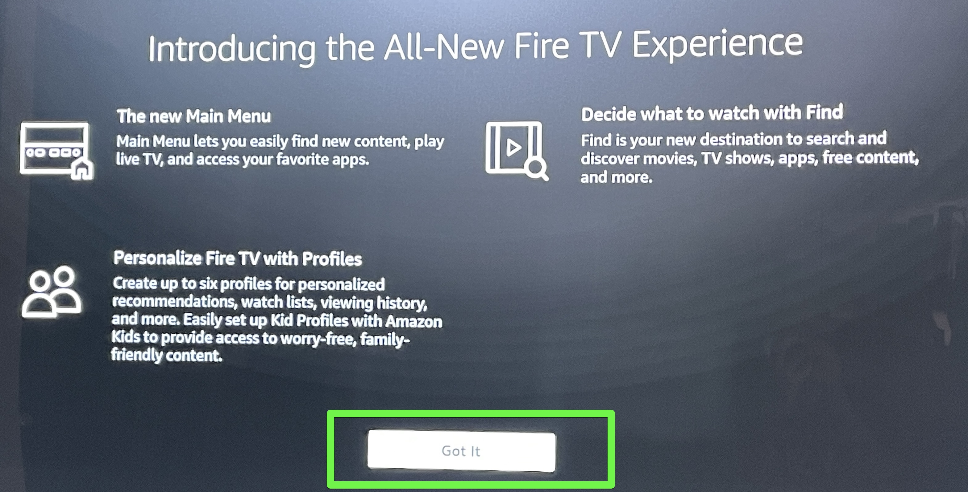 fire tv setup new features screen for updated Fire TV OS
