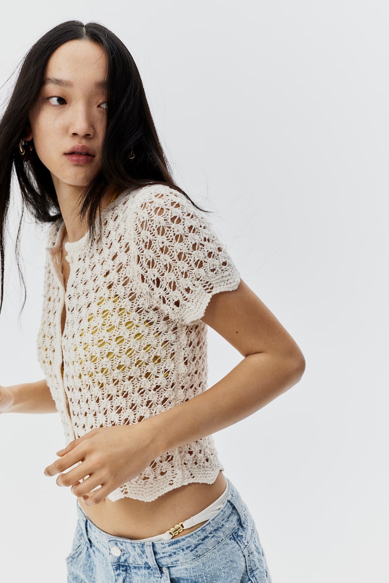 Short-Sleeved Hole-Knit Cardigan