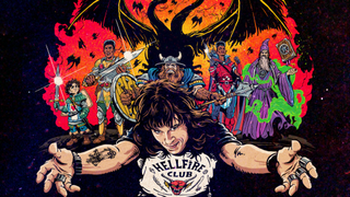 Stranger Things Welcome to the Hellfire Club promotional art featuring Eddie Munson and an array of fantasy characters