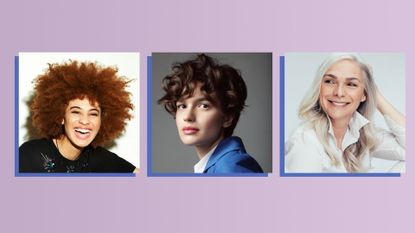 three images showing women wearing three different hair color trends on a violet background