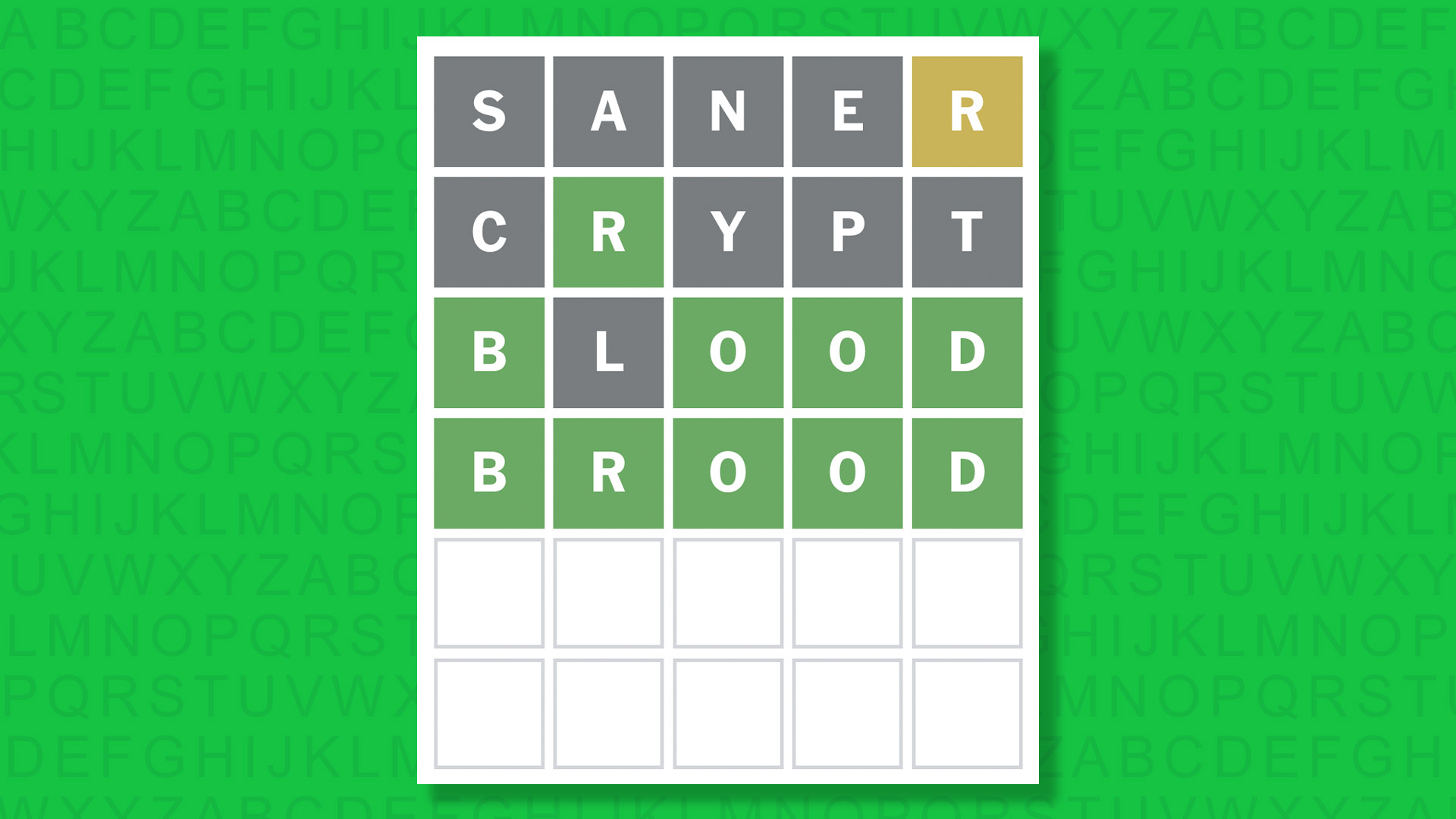 NYT Wordle answer for game 1739 on a green background