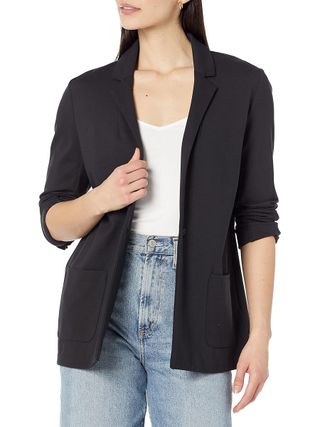 Amazon Essentials Women's Relaxed-Fit Soft Ponte Blazer, Black, Medium