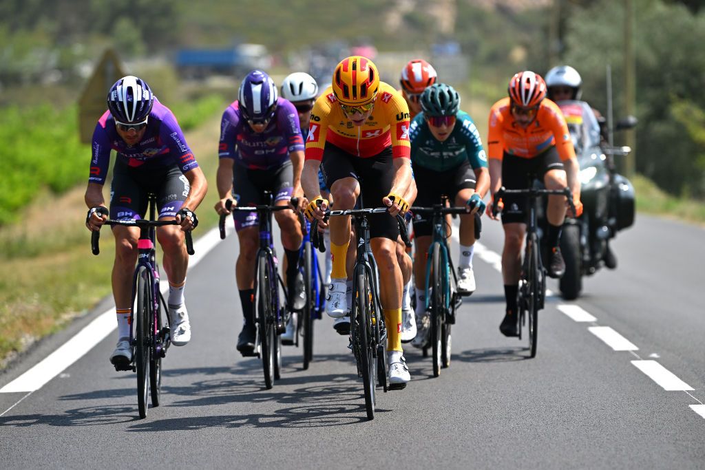 GRUISSAN FRANCE JUNE 15 Jacob Hindsgaul of Denmark and Team UnoX Pro Cycling competes in the breakaway during the 47th La Route DOccitanieLa Depeche Du Midi 2023 Stage 1 a 1843km stage from Narbonne to Gruissan on June 15 2023 in Gruissan France Photo by Luc ClaessenGetty Images