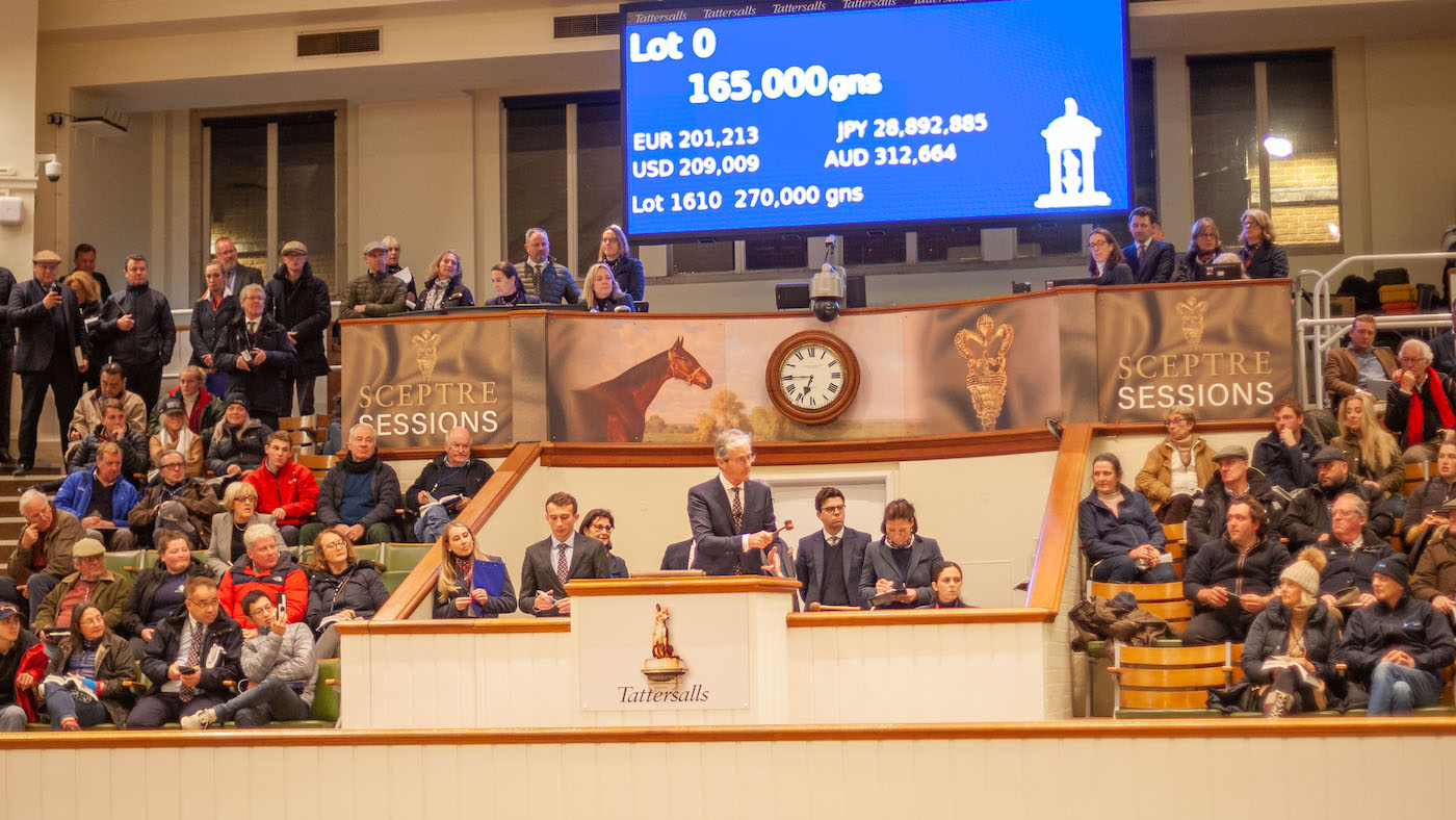 Image shows Tattersalls auctionhouse, with the big screen showing 165,000 guineas and the auctioneer about to knock his hammer for the sale of the maquette of The late Queen with a mare and foal
