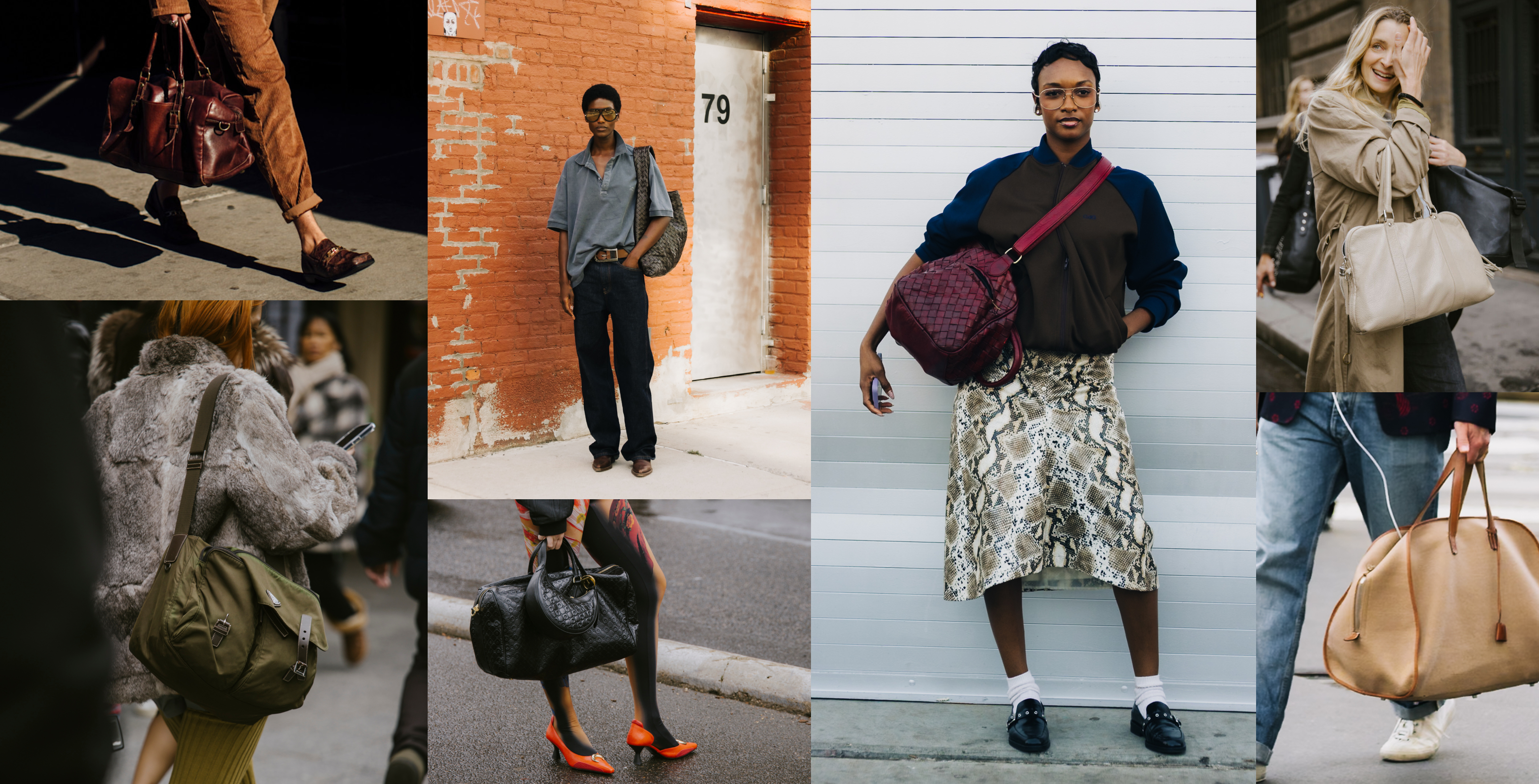 women at fashion week carrying weekender bags in brown, red, tan, and black leather