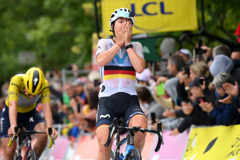 MAURIAC FRANCE JULY 24 Liane Lippert of Germany and Movistar Team celebrates at finish line as stage winner during the 2nd Tour de France Femmes 2023 Stage 2 a 1517km stage from ClermontFerrand to Mauriac UCIWWT on July 24 2023 in Mauriac France Photo by Alex BroadwayGetty Images