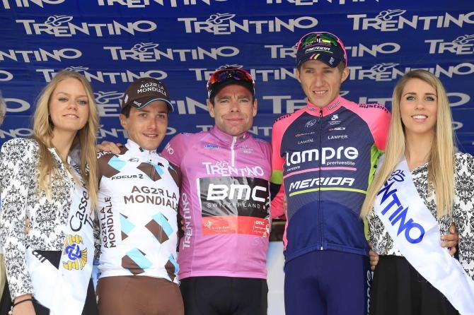 Cadel Evans (BMC) with Domenico Pozzovivo and Przemyslaw Niemiec on the Giro del Trentino podium.
