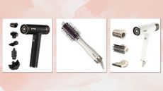 A selection of Shark hair dryers and styling tools, including the Shark SpeedStyle and SmoothStyle, with their various attachments/ featured in a pink watercolour paint-style template