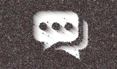 A large crowd of people forming a speech bubble symbol.