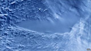 Radar satellite image revealing Lake Vostok below the Antarctic ice. The area shown is about 300km across.