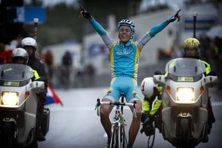 Remy Di Gregorio (Team Astana) celebrates the win of stage 7 at Paris-Nice