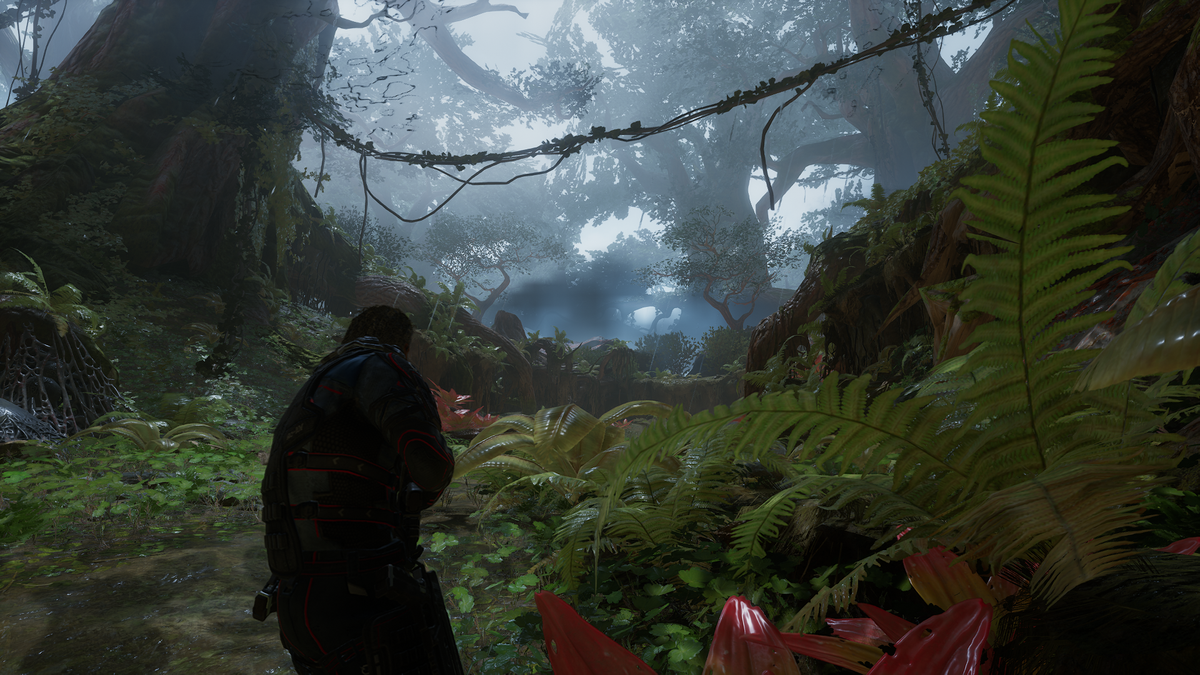 Outriders DLSS comparison images in alien forest
