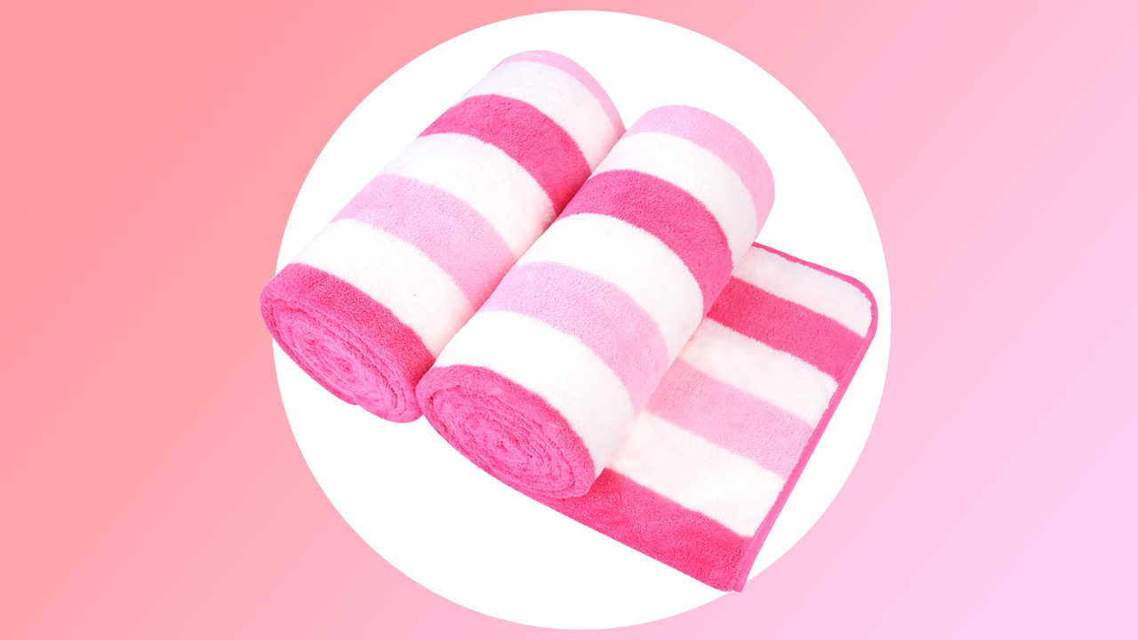 A pink striped pair of rolled towels 