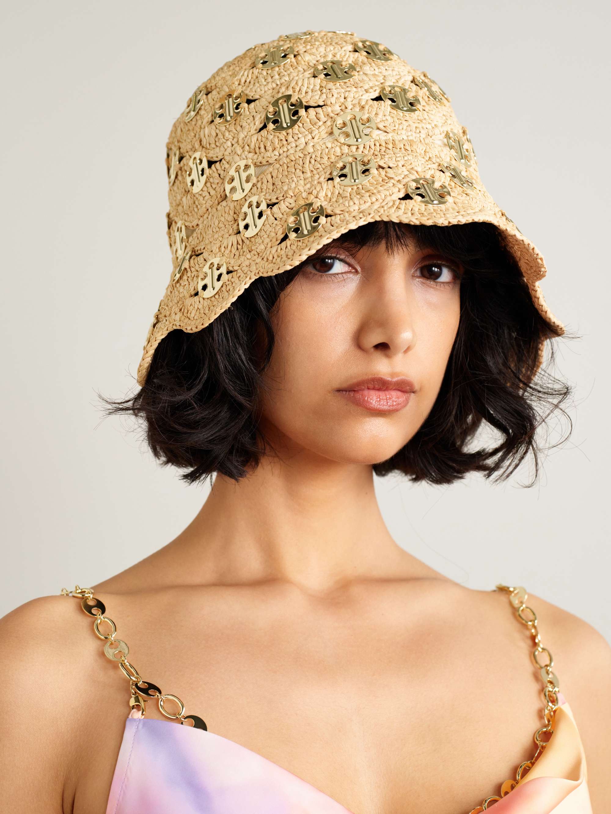 Embellished Scalloped Crocheted Raffia Bucket Hat
