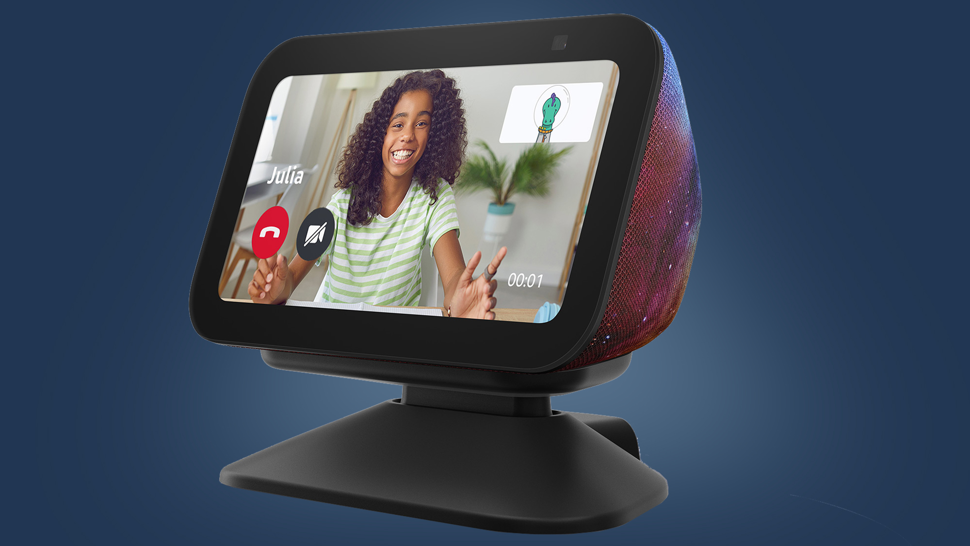 The Amazon Echo Show Kids speaker on a blue background