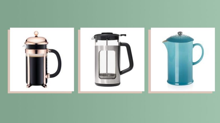 a collage image of three of the best French press coffee makers, as chosen by woman and home magazine