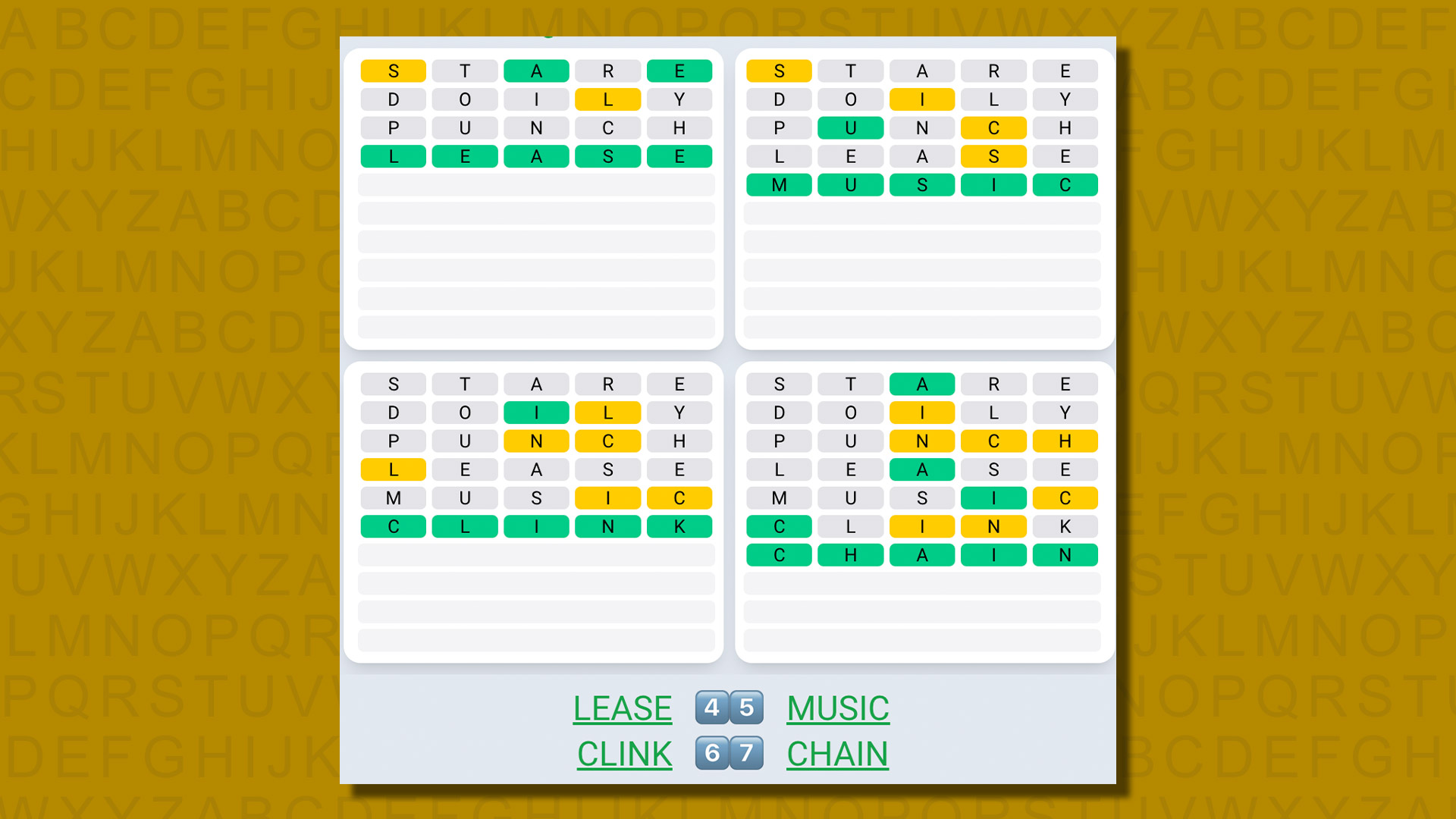 Quordle daily sequence answers for game 593 on a yellow background