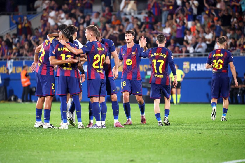 FC Barcelona players celebrate during the match between FC Barcelona and Valencia CF, corresponding to week 4 of LaLiga EA Sports, played at the Joan Cruyff Stadium in Barcelona, Spain, on September 14, 2025. (Photo by Joan Valls/Urbanandsport/NurPhoto)