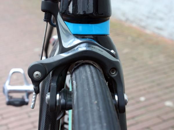 Pinarello says the new KOBH will accept 28mm-wide tires but just barely - there's not much room beneath the fork crown.