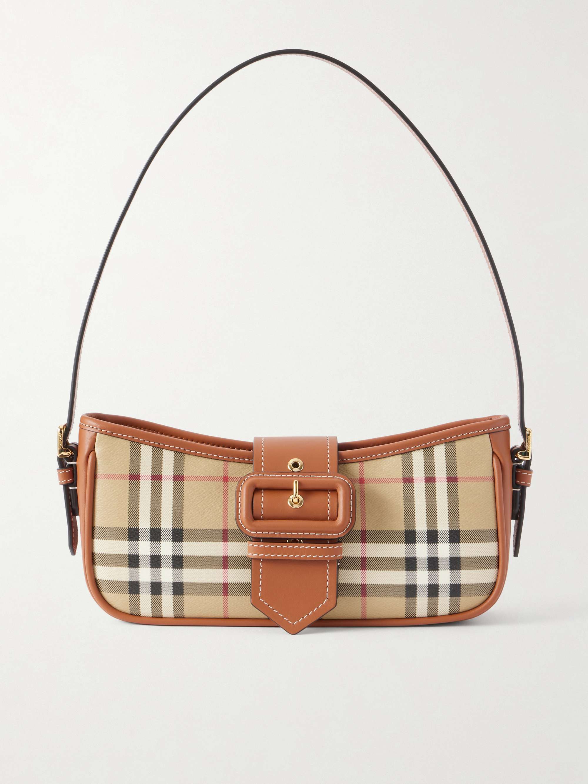 Leather-Trimmed Checked Canvas Shoulder Bag