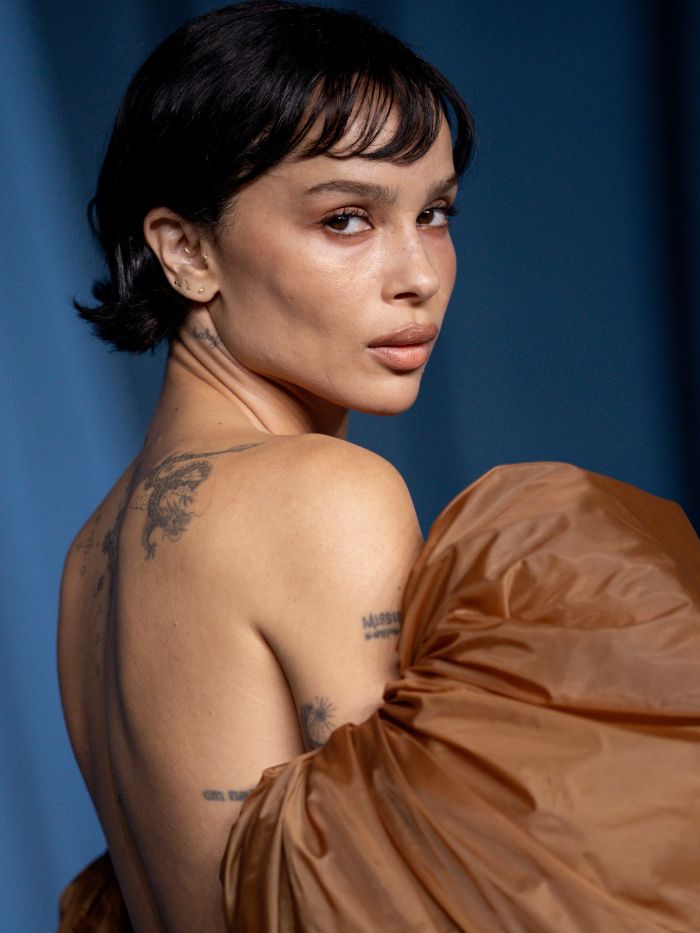 Zoe Kravitz at the Academy Gala Academy Museum of Motion Pictures wearing a statement dress with a bob hairstyle
