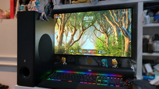 An ill-advised setup, featuring both the Creative Stage Pro soundbar AND subwoofer on an otherwise typical desk.