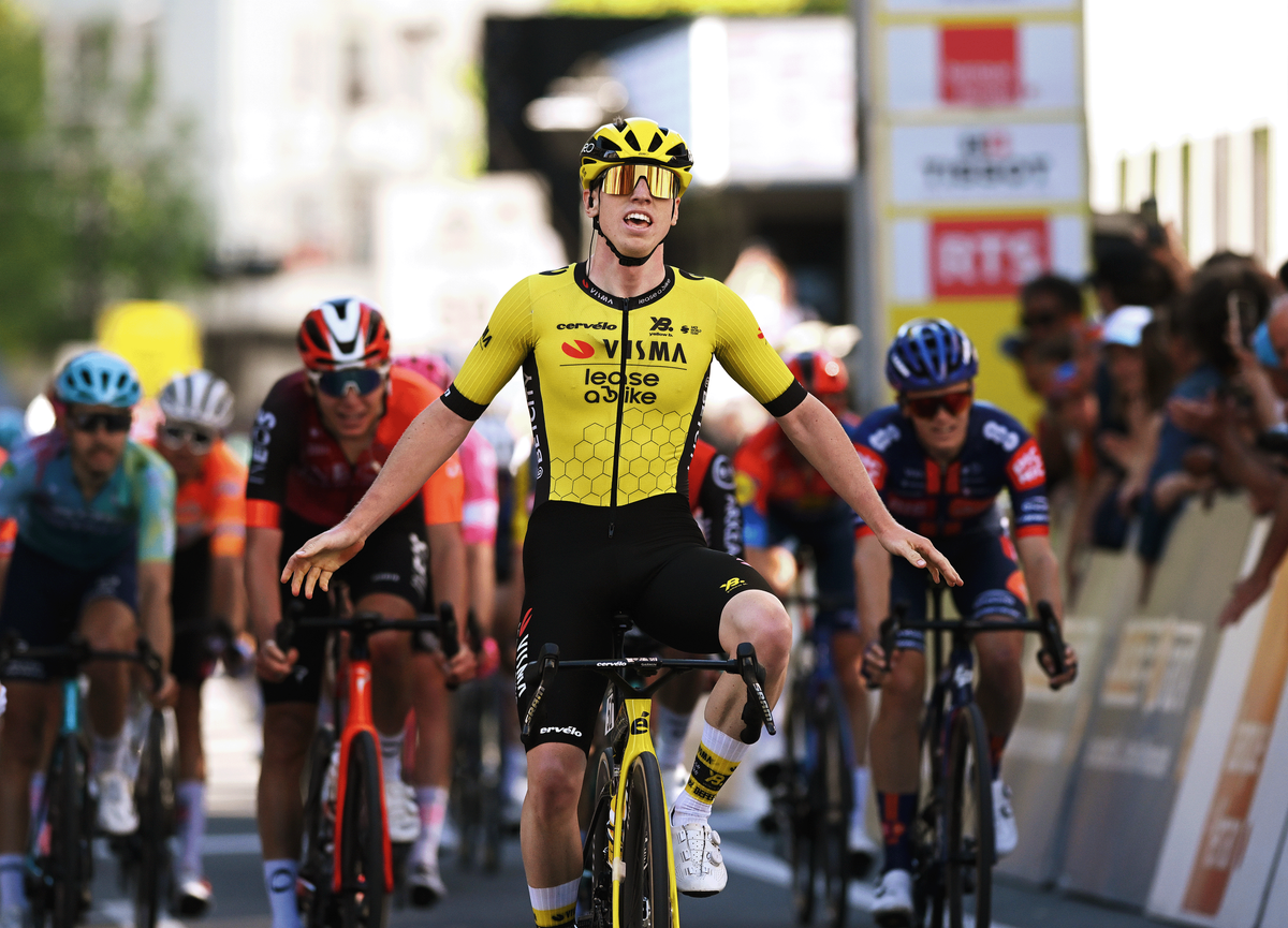FRIBOURG, SWITZERLAND - APRIL 30: Matthew Brennan of Great Britain and Team Visma | Lease A Bike celebrates at finish line as stage winner during the 78th Tour De Romandie 2025, Stage 1 a 194.3km stage from Munchenstein to Fribourg / #UCIWT / on April 30, 2025 in Fribourg, Switzerland. (Photo by Dario Belingheri/Getty Images)