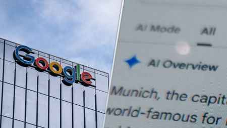 A split screen image of Google's offices in Toronto, Canada, and a close up phone photo of Search's AI Overview.