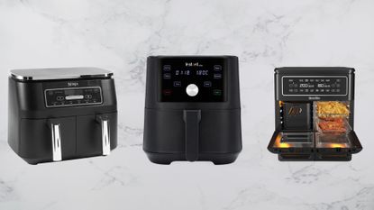 The best air fryers lined up on a woman&home background. In order, you see the Ninja Foodi Dual Zone Air Fryer, the Instant 4-in-1 Air Fryer, and the Breville Halo Flexi Air Fryer