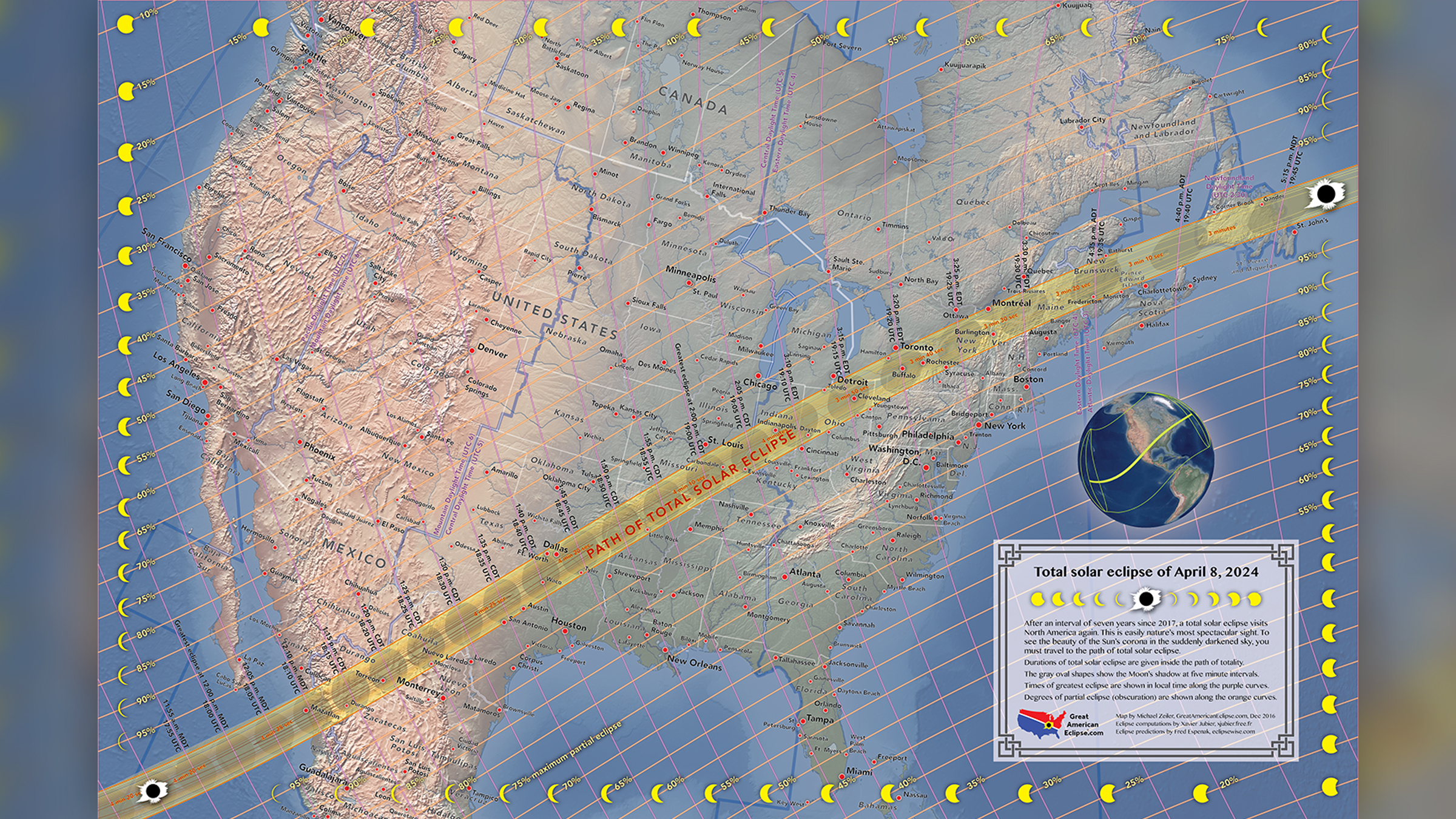 Todo Estados Unidos experimentará un eclipse parcial, mientras que el camino amarillo muestra el camino de la totalidad donde las personas tendrán la oportunidad de ver la totalidad.