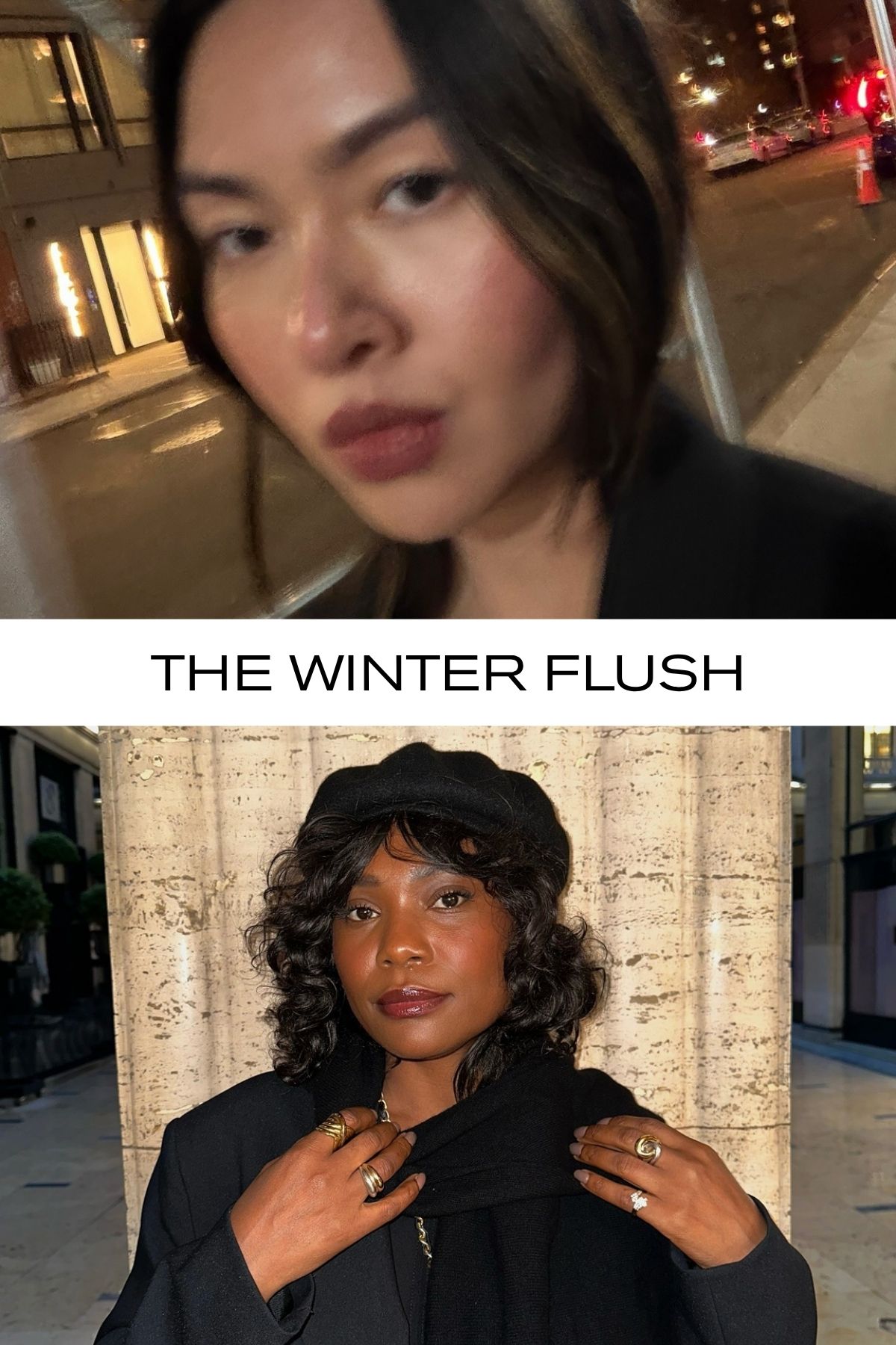 A collage of creators @mimixn and @frannfyne wearing blusher with the text "the winter flush" over the top