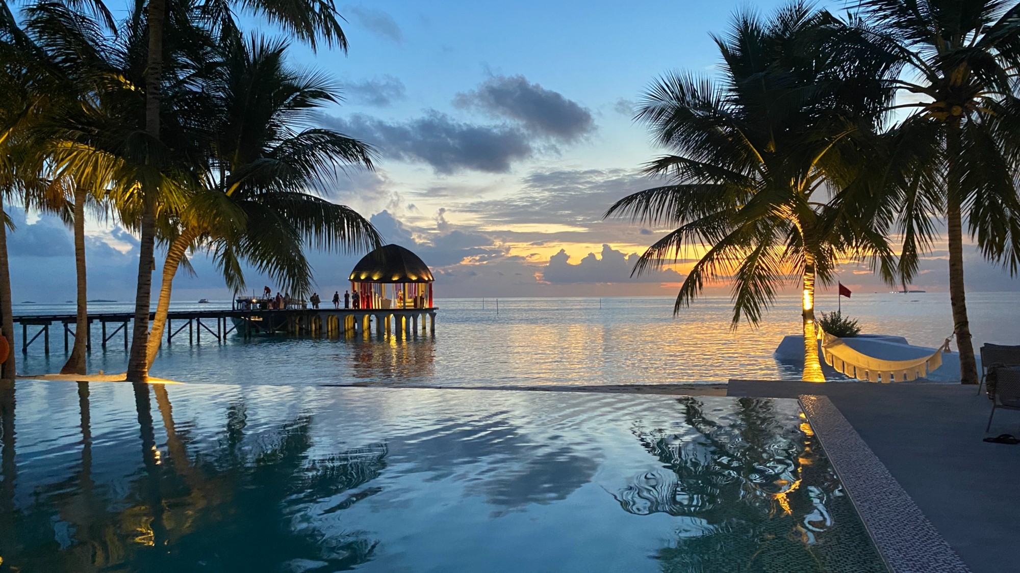 shot of pool overlooking ocean at sunset with palm trees