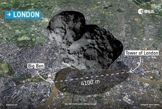 This graphic compares the size of Comet 67P/Churyumov–Gerasimenko with the city of London.