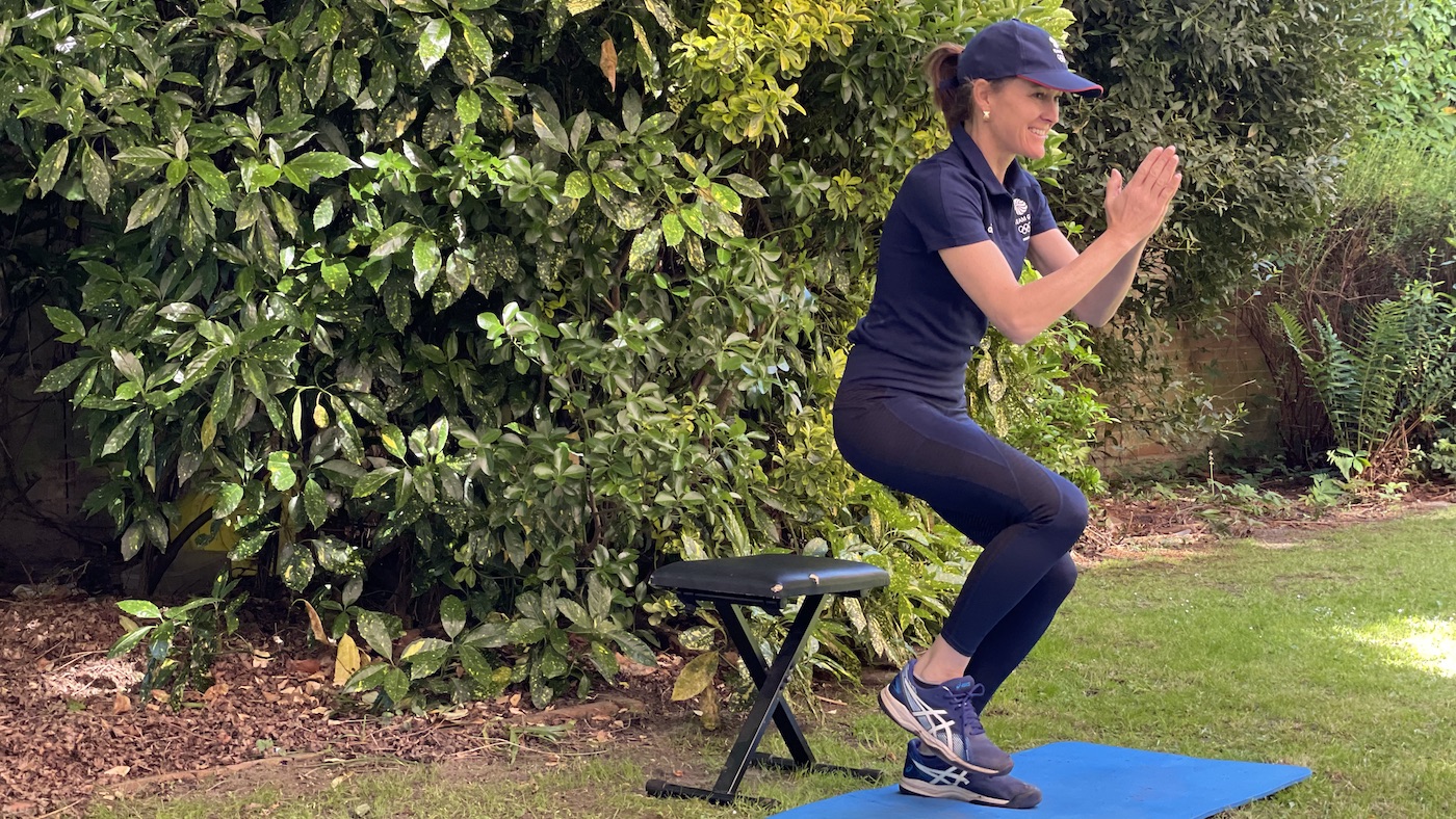 Chair squats with one leg, horse rider strengthening exercise