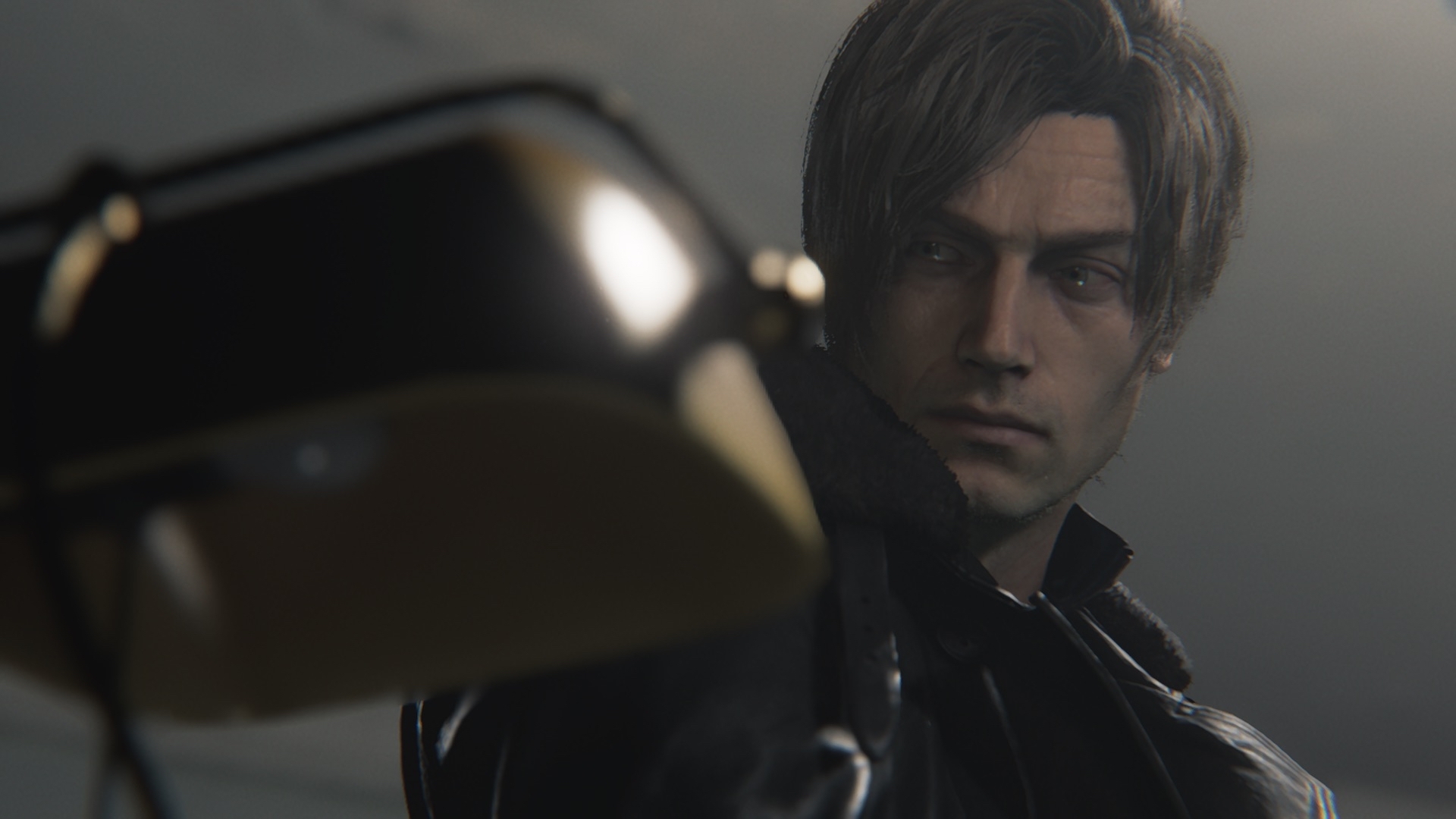 Leon Kennedy sitting nearby a desk lamp in Resident Evil Requiem