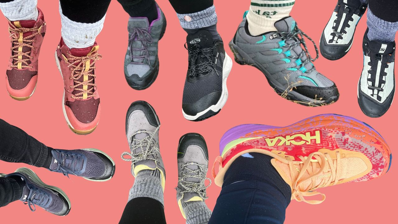 Susan Griffin wearing pairs of the best women&#039;s walking shoes, including some from Hoka, Salomon, Amazon, and Teva
