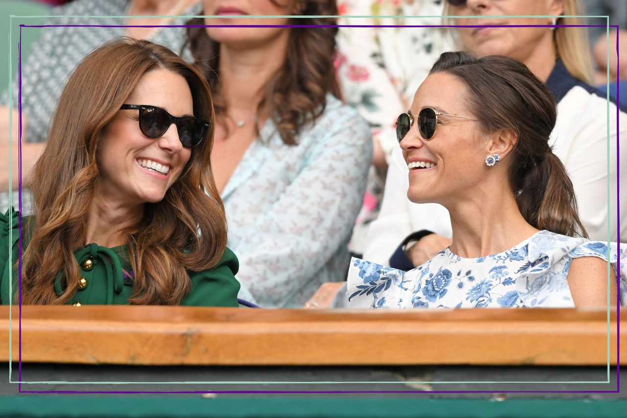 Catherine, Duchess of Cambridge and Pippa Middleton in the Royal Box on Centre Court during day twelve of the Wimbledon Tennis Championships at All England Lawn Tennis and Croquet Club on July 13, 2019 in London, England. 