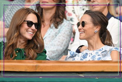 Catherine, Duchess of Cambridge and Pippa Middleton in the Royal Box on Centre Court during day twelve of the Wimbledon Tennis Championships at All England Lawn Tennis and Croquet Club on July 13, 2019 in London, England. 