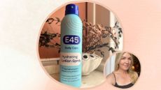 A peach watercolour background with a circular image of e45 hydrating lotion spray on a marble shelf in a bathroom, next to a small circular image of beauty editor Fiona McKim in a strappy black top