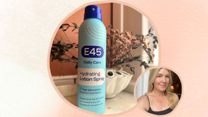 A peach watercolour background with a circular image of e45 hydrating lotion spray on a marble shelf in a bathroom, next to a small circular image of beauty editor Fiona McKim in a strappy black top 