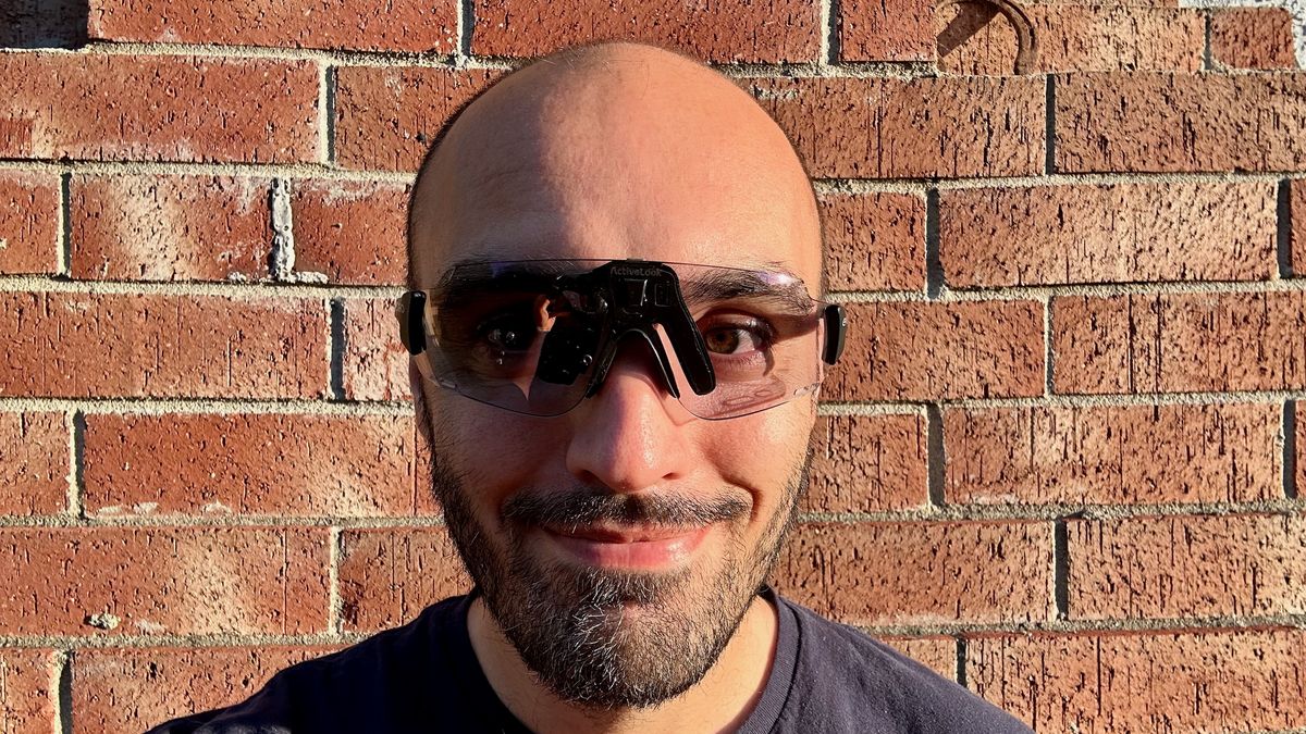 ENGO 2 AR glasses worn on the author's face in a selfie photo; the angle shows how thick the HUD portion of the glasses is.