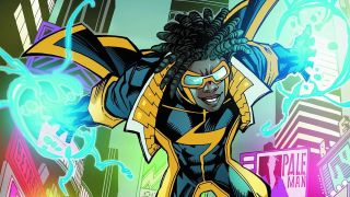 DC Comics artwork of Static flying and using his electric powers