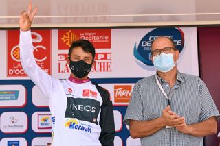 BEZIERS FRANCE AUGUST 01 Podium Egan Bernal of Colombia and Team Ineos White Best Young Jersey Celebration Hostess Covid Safe measures during the 44th La Route dOccitanie La Depeche du Midi 2020 Stage 1 a 187km stage from Saint Affrique to Cazouls ls Bziers RouteOccitanie RDO2020 on August 01 2020 in Beziers France Photo by Justin SetterfieldGetty Images