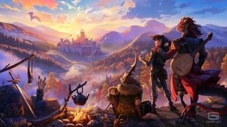 Concept art for Gameloft's D&D survival-life sim - three fantasy characters gazing at a distant castle