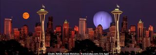 A look at how the alien planet Kepler-36c might look from the surface of its near neighbor, Kepler-36b, with the Seattle skyline added for scale (right). At left, the moon looms over Seattle to give yet more perspective.