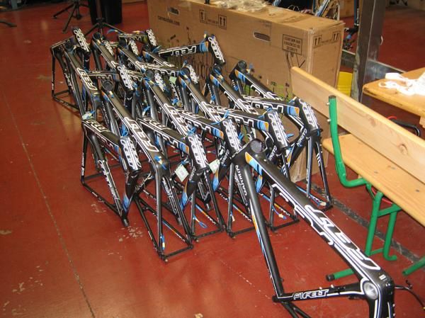 A stack of new Felt frames waiting to be built up ahead of the Vuelta.