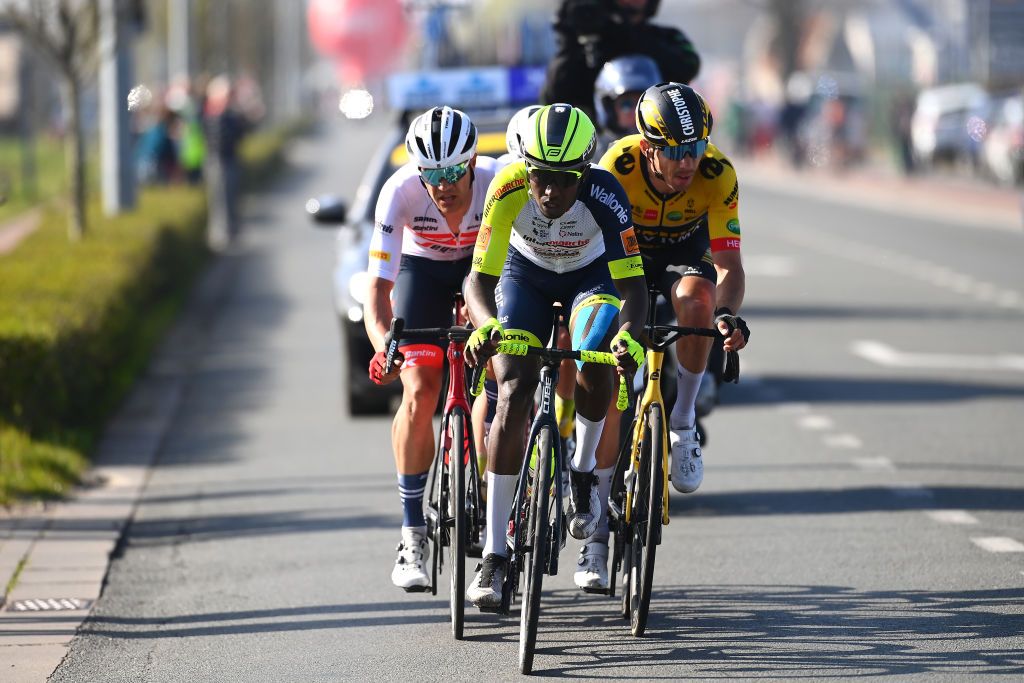 WEVELGEM BELGIUM MARCH 27 LR Jasper Stuyven of Belgium and Team Trek Segafredo Biniam Hailu Girmay of Eritrea and Team Intermarch Wanty Gobert Matriaux and Christophe Laporte of France and Team Jumbo Visma compete in the breakaway during the 84th GentWevelgem in Flanders Fields 2022 Mens Elite a 2488km one day race from Ypres to Wevelgem GWE22 WorldTour on March 27 2022 in Wevelgem Belgium Photo by Tim de WaeleGetty Images