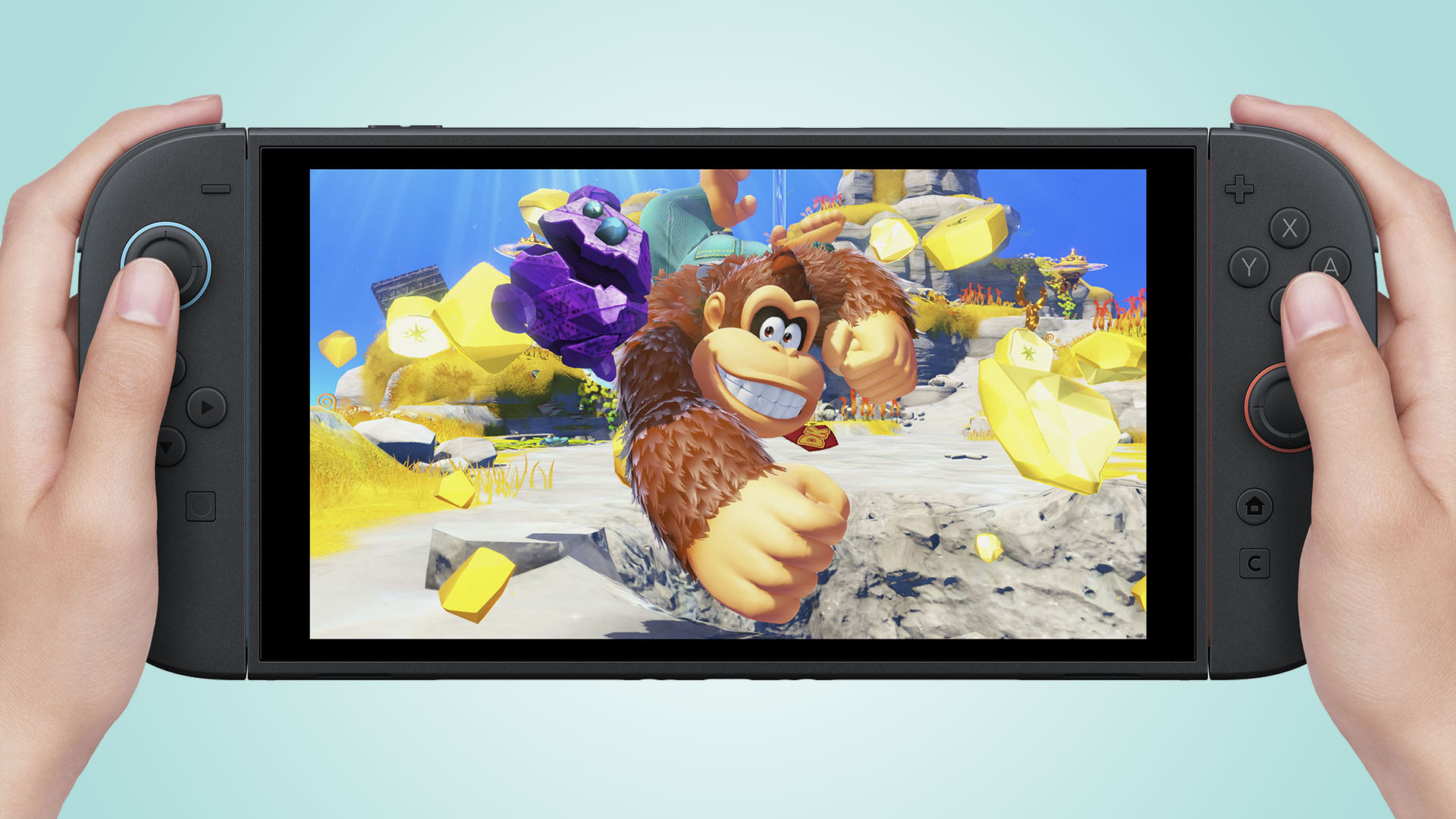 Nintendo Switch 2 with Donkey Kong Bananza on the screen